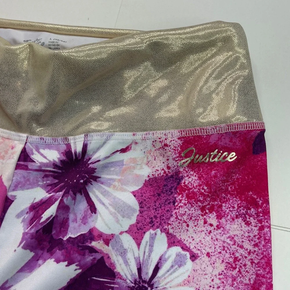 Justice Multi Pink Floral Leggings Kids Size L 12/14 Gold Metallic Waistband